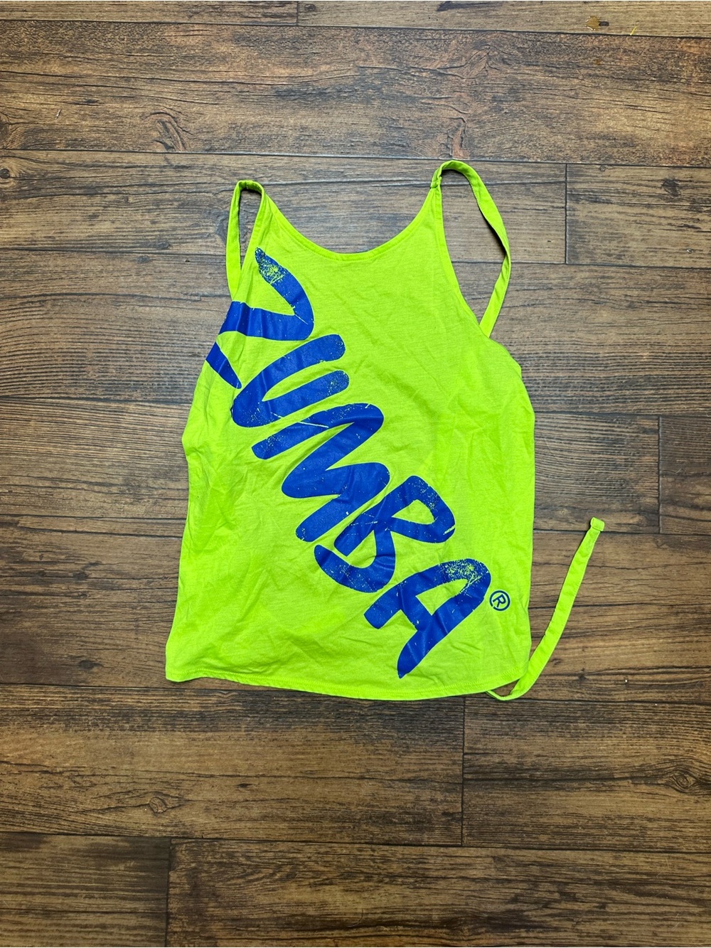 Zumba Fitness Neon Lime Racerback Tank with Blue Diagonal Logo open back